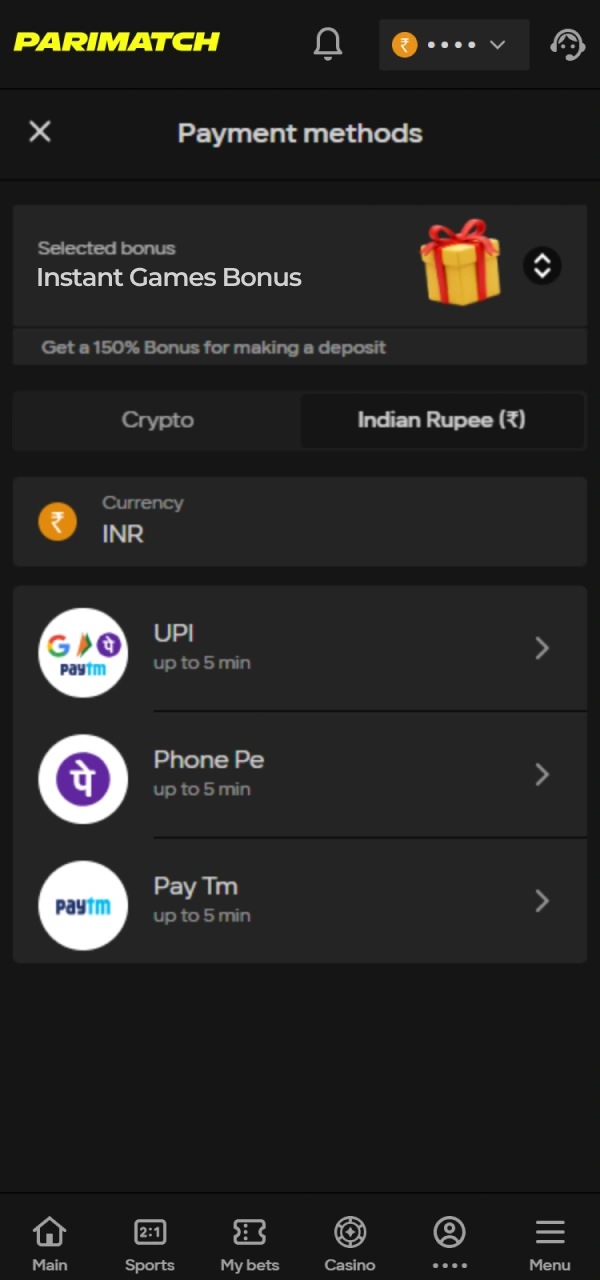 Deposit money to place your first real-money Parimatch Aviator bet.