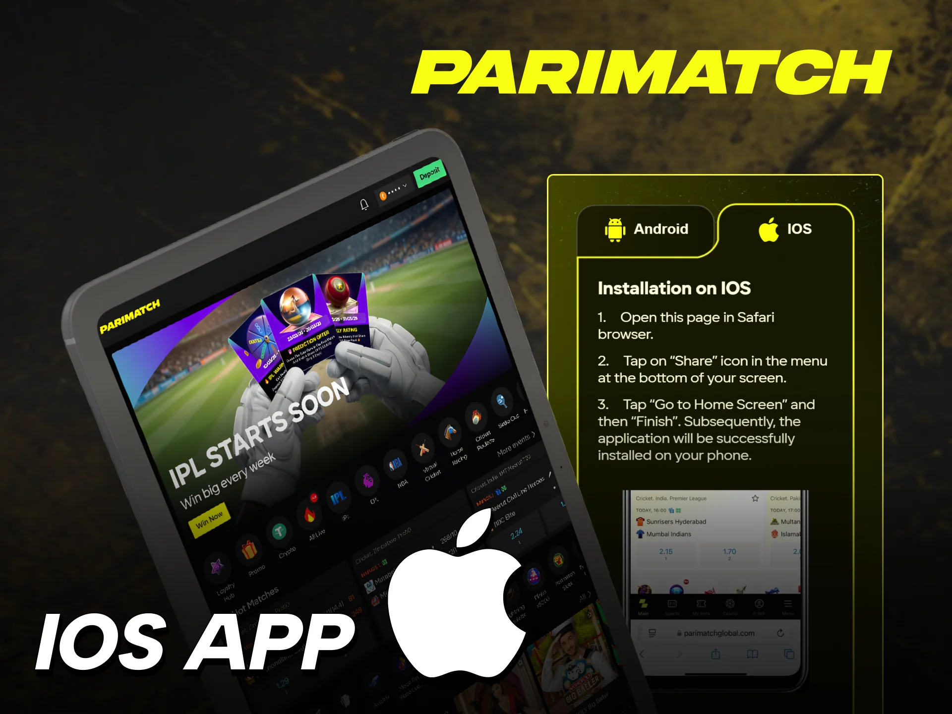 Install the official Parimatch App iOS version on your Apple smartphone.