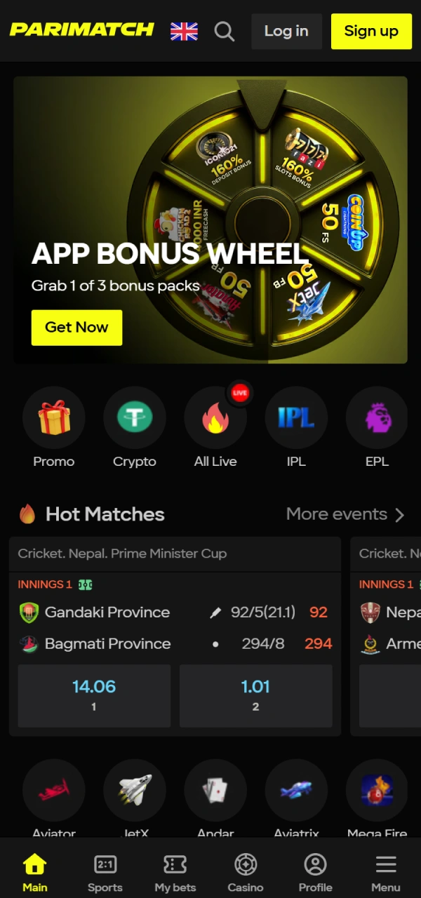 Access the Parimatch Interface home screen to find top cricket matches.