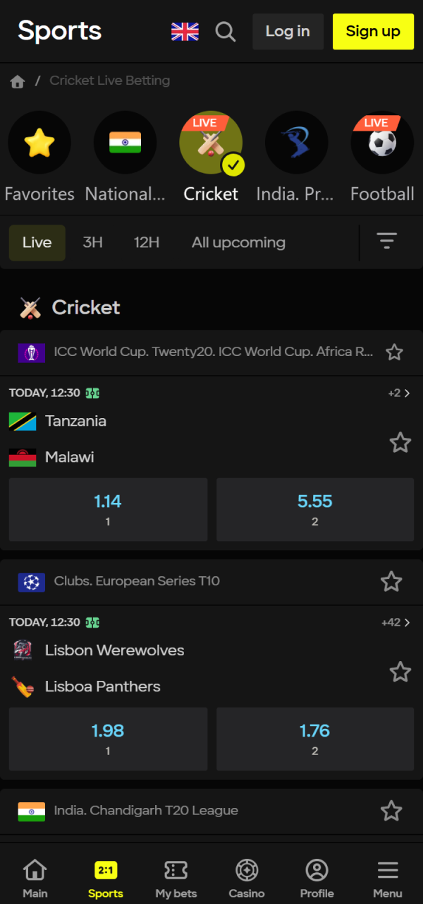 Browse all cricket and sports markets on the Parimatch Interface.